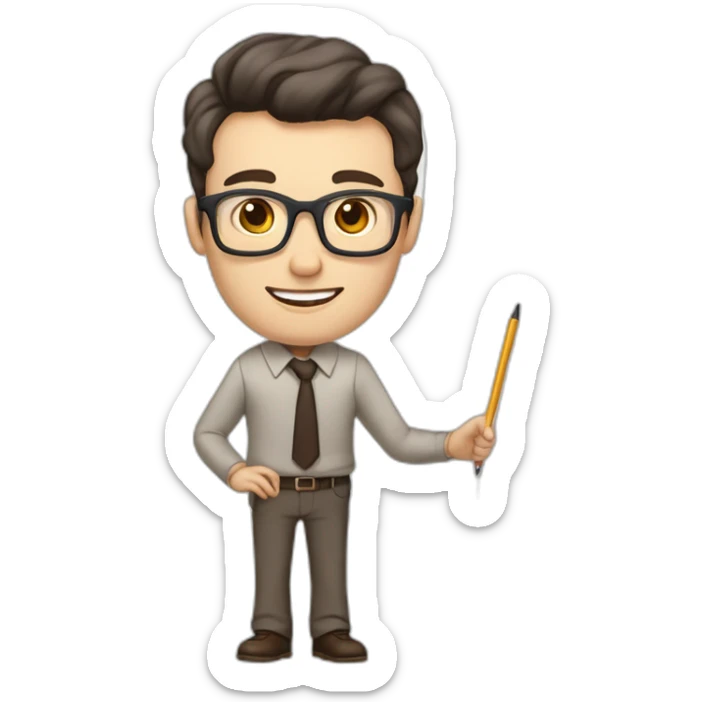 Pale skinned fit man with dark brown hair in gray jacket, beige office shirt, brown tie, brown pants and vintage glasses Writing on the flipchart sticker