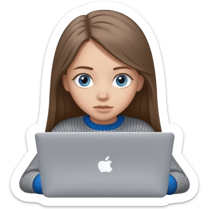 moji of a cute 3D girl with long straight brown hair and big blue eyes, wearing a grey knitted sweater. She is typing on a silver MacBook laptop, white background. sticker
