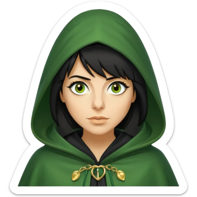 claudia winkleman as a traitor with a green hooded cloak with a gold clasp and dark black eyeliner sticker