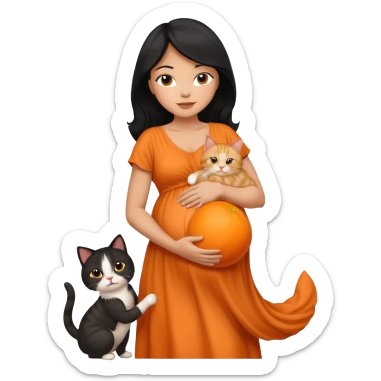 pregnant black hair woman with orange cat sticker