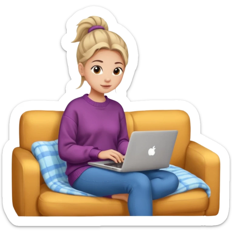 Cozy girl with ponytail on a cozy sofa with laptop on knees and a warm blanket, relaxed online shopping from home sticker