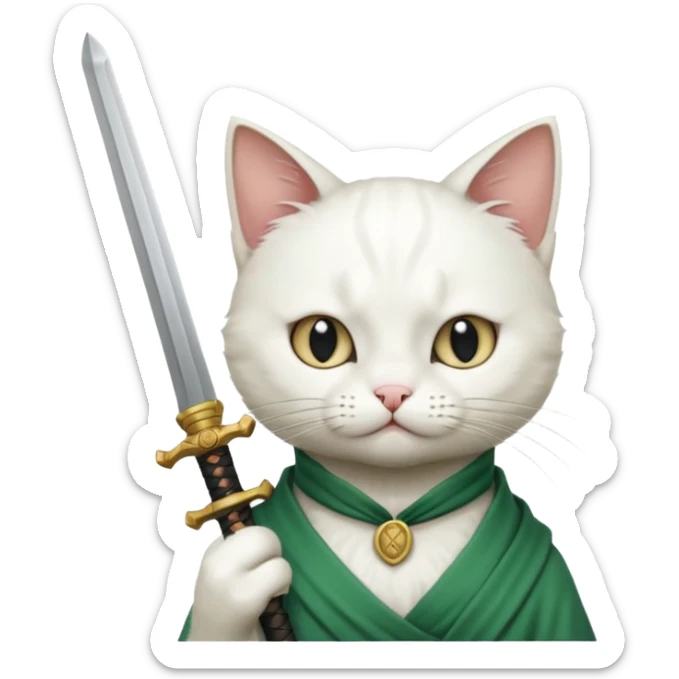 un gato blanco con reeferencia a rororoa zoro "una espada en cada mano y una en la boca" sticker