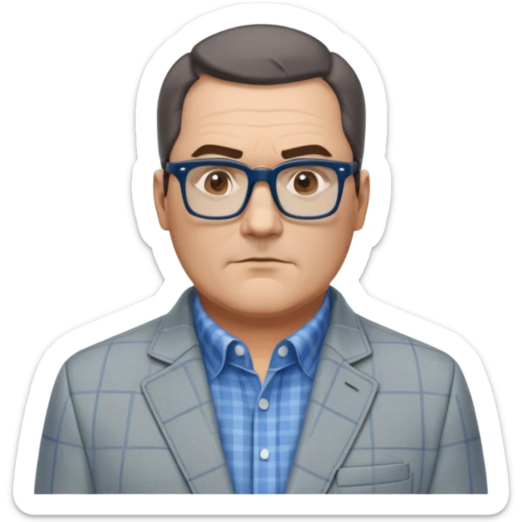 50-year-old heavyset man with very wide face and prominent square jawline. Short straight hair combed to the side, not balding. Large dark square glasses. Serious-relaxed expression. Light gray jacket that fits his larger frame, white shirt with blue checkered pattern. sticker
