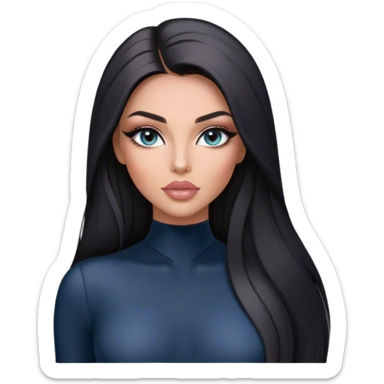 Glamours, tanned, very beautiful girl, with big pump peach-beige-rose lips, long long lashes, black straight smooth silky long hair, straight parting hair, blue-grey eyes in black long-sleeves bodysuit sticker