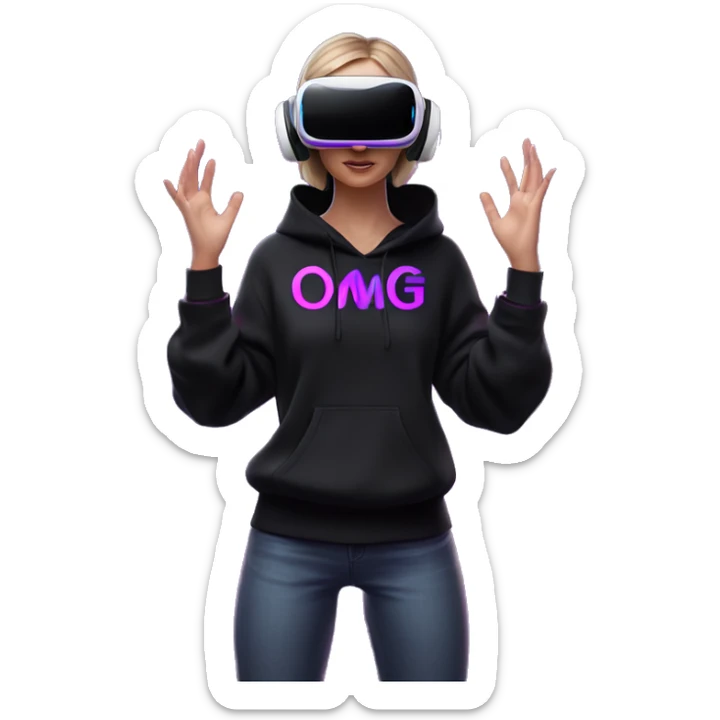 Russian girl wearing black hoody with violet letters "OMG", in vr headset oculus quest2. Standing like jedi. Cyberpunk style. Violet neon. sticker
