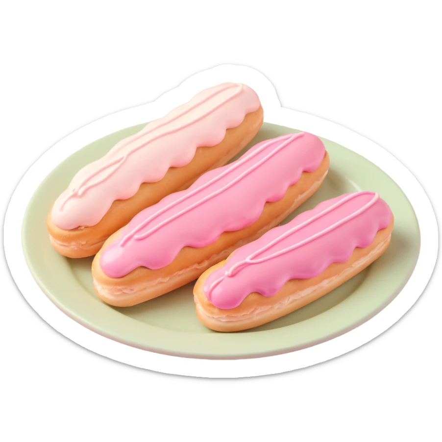 3D iOS-style illustration of three eclairs with pink glaze and cream on a plate, pastel color palette, soft lighting, no background. sticker