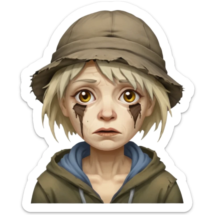 very dirty looking homeless woman with ripped hat and smudged face with ugly hair sticker