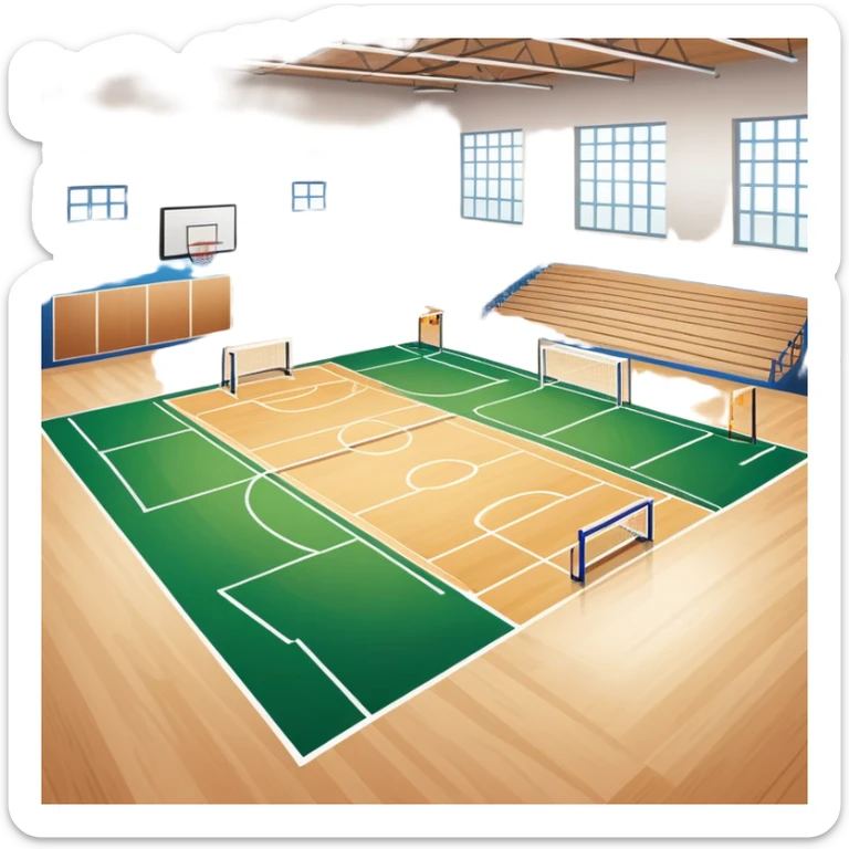 A mini-football match in an indoor sports hall with a wooden floor and clear court markings. The scene captures players in action, with the ball moving towards the goal, and the surrounding bleachers and overhead lights adding to the atmosphere of a competitive game. sticker