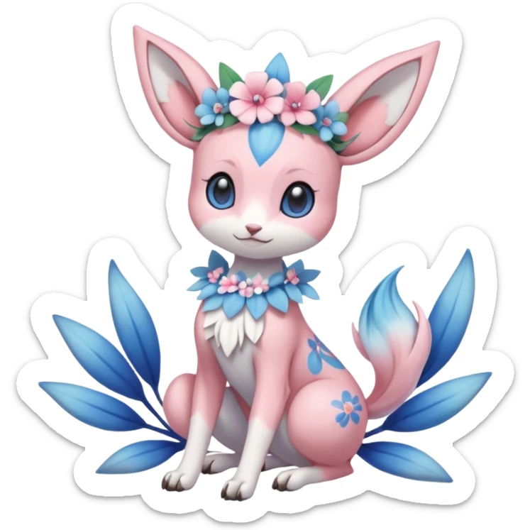 Cute Romantic Pastel Realistic  Floral Meloetta-Sylveon-Palkia-Cresselia-Digimon-Pokémon-Fakémon-hybrid-fusion, full body sticker