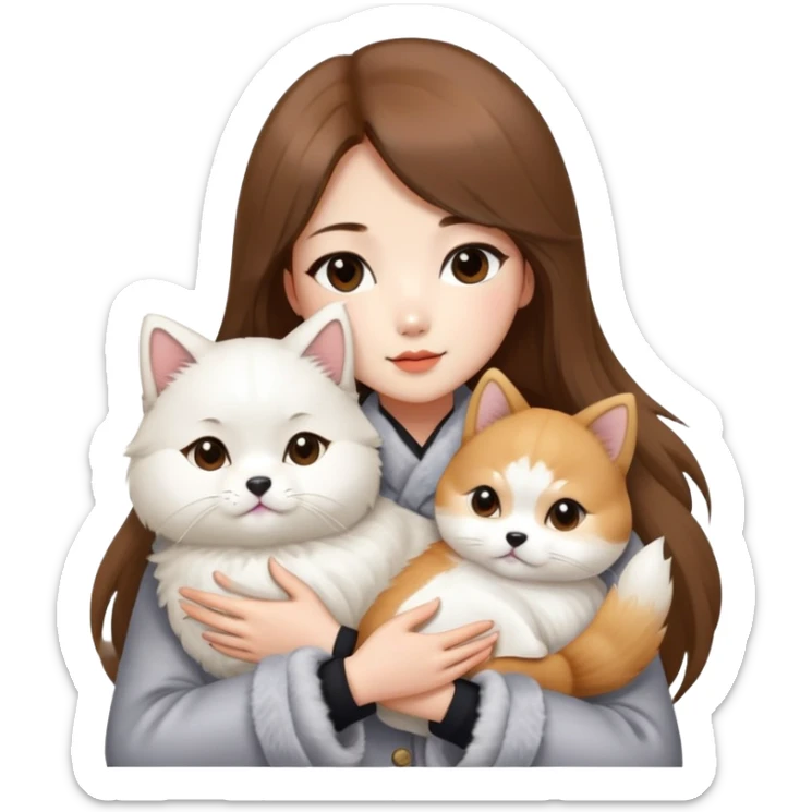 A Chinese fashion girl with brown hair, wearing a light gray fur coat, hugging a Shiba Inu and a long-haired white Persian cat. sticker