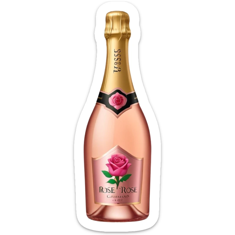 bottle of sparkling rose champagne tilted up and to the right, with a rose logo, no glass sticker