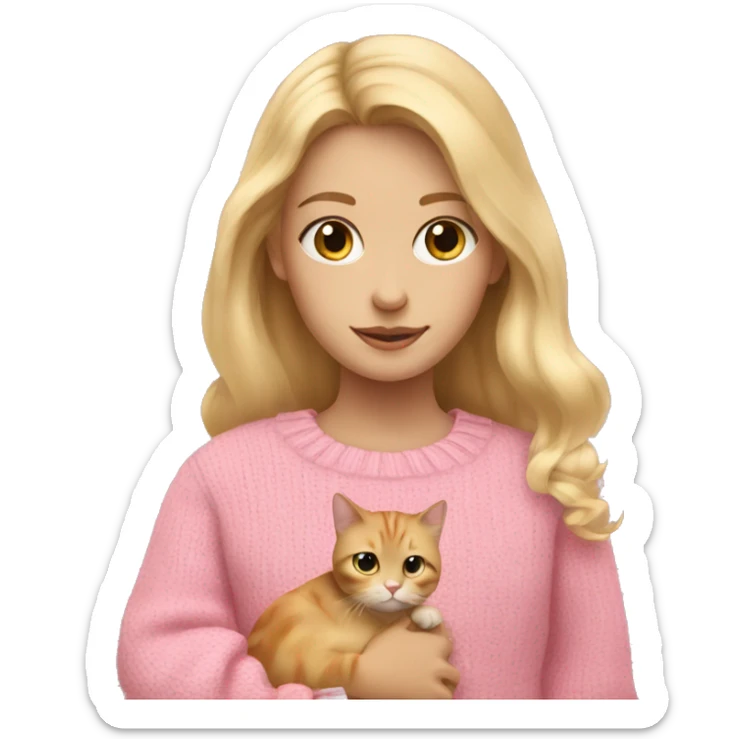 A girl with blonde hair holding a cat with a pink sweater sticker