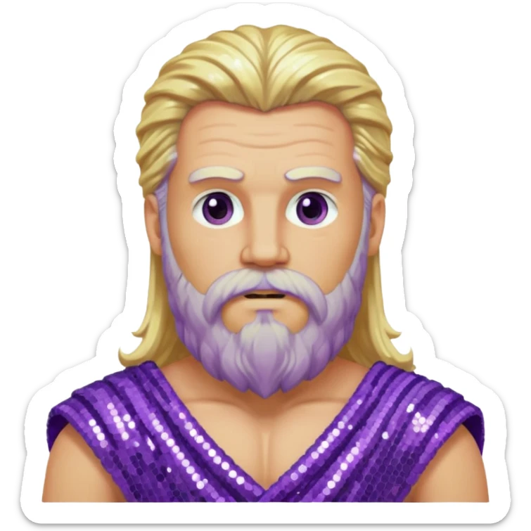 Zeus from Olympus Gods with long blonde hair and beard, purple sequin loincloth sticker