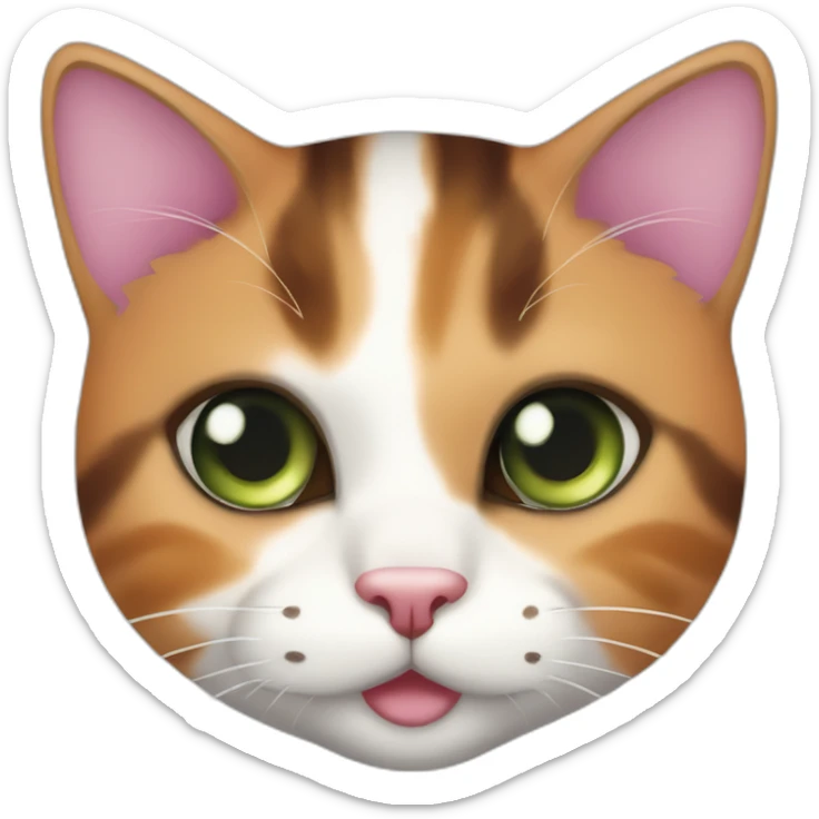 young striped calico cat face with a pink nose, white chin, green eyes, and orange/brown markings sticker