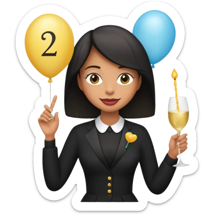 Emoji-style illustration of a funny woman in black funeral outfit holding a prosecco glass, balloon with number 29, ironic birthday funeral theme, playful expression, flat emoji design, pastel tones, high resolution sticker