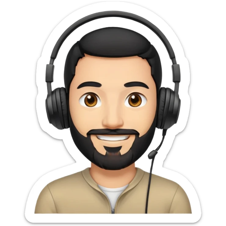 Smiling man with black hair, brown eyes, black beard wearing gaming headphones sticker