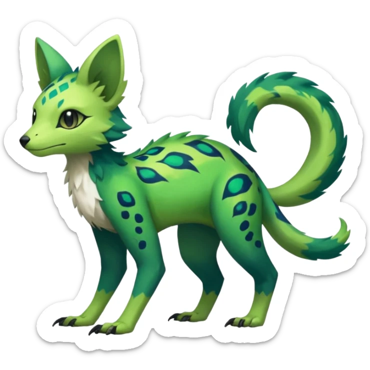  beautiful handsome gorgeous aesthetic colorful vibrant Vernid-Trico-species-Fakemon-creature by LiLaiRa, 4 legs, 1 tail, random markings, (full body) sticker