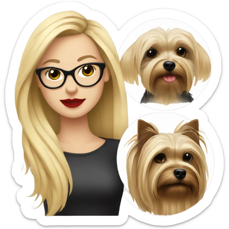 White girl, blonde hair, eyes closed, red lipstick wearing glasses hugs Yorkshire terrier  sticker