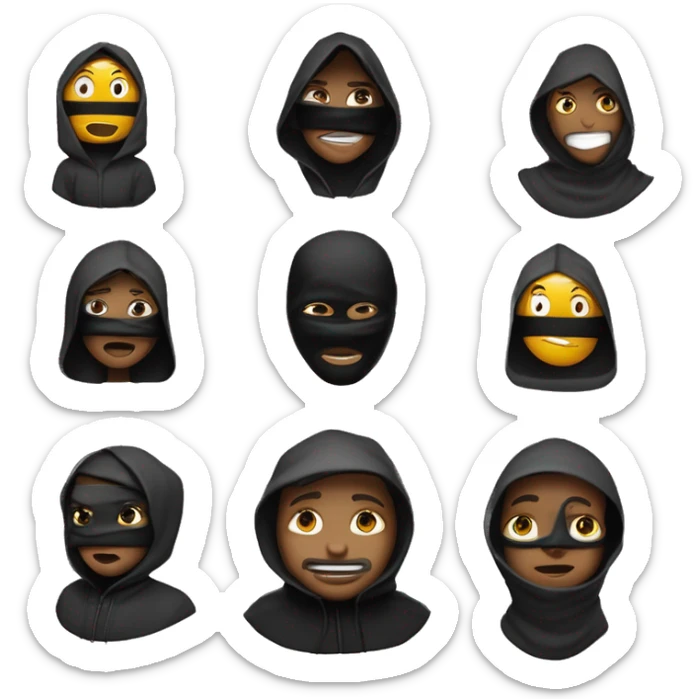 crée moi des emoji qui porte une capuche noire et un masque noir on ne vois pas sont visage et donne leur a chacun des interaction différente par exemple un qui pleure ou qui levé la main qui reflechie cree en plusieur sorte sticker