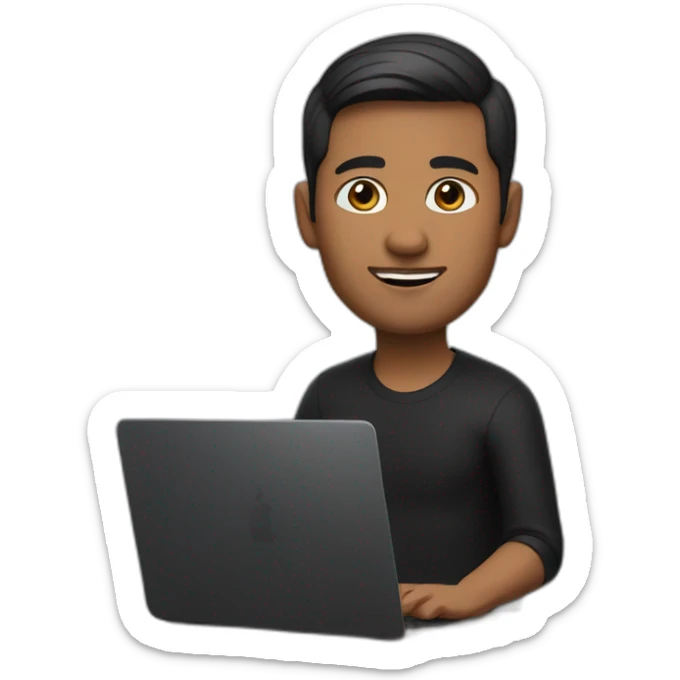     memoji of a man with a laptop in front, apple-style,modern,dark hair,black sweater,computer in hand, srilankan brown skin, sitting on his desk sticker