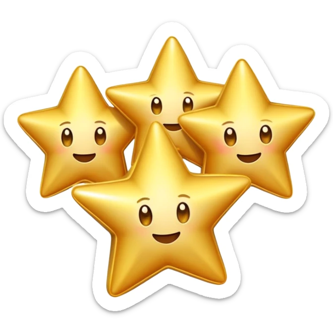 3 golden stars, one big in the center and two smaller on the sides, with a playful, cartoonish expression sticker