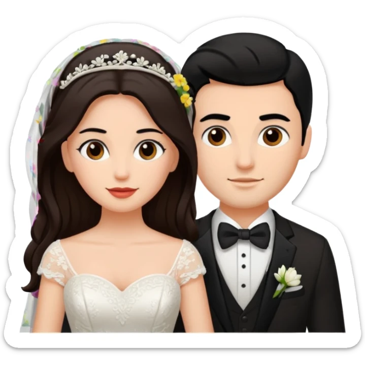 A bride and a groom. The woman is with dark brown hair, the man with black  sticker
