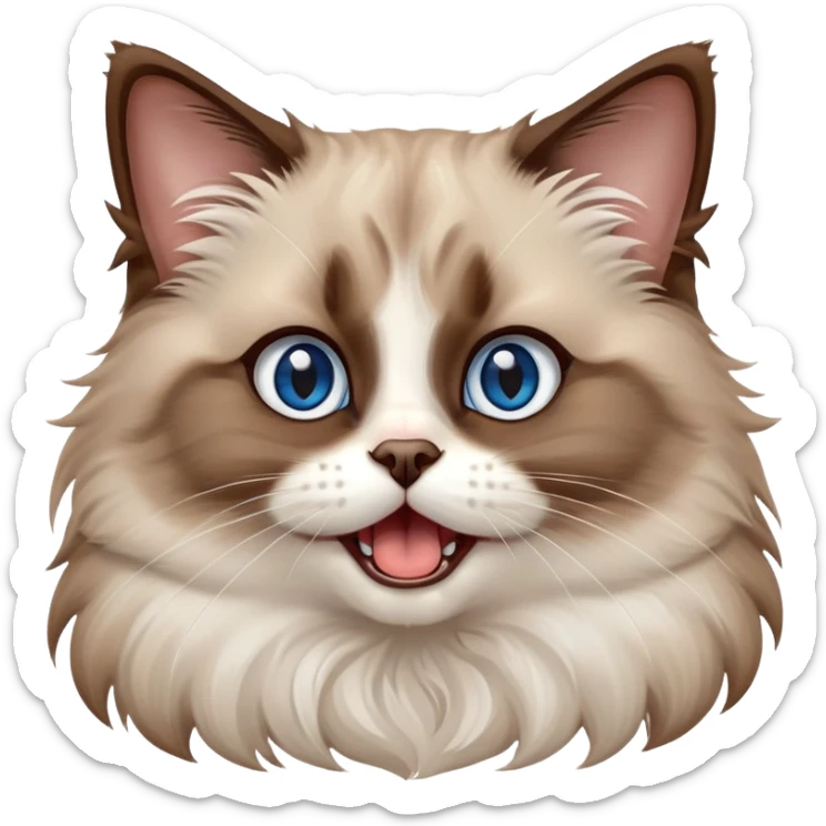 cinematic-adorable-big-eyed-fluffy-brown ragdoll-cat-portrait-emoji,-head-tilted-playfully-with-a-cute,-yawn,-soft-brown-and white-colored-fur-with-darker-points-on-the-ears,-simplified-yet-irresistibly-cute-features, sparkling blue eyes sticker