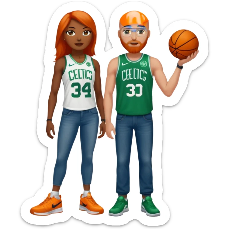 A Bald white man with blue eyes, an orange beard, a Jason Tatum jersey, jeans and green/white Nike sneakers. 

48-year-old dark skin black woman with brown eyes, long dark brown hair dressed in sexy Boston celtics outfit & wearing stilettos. sticker