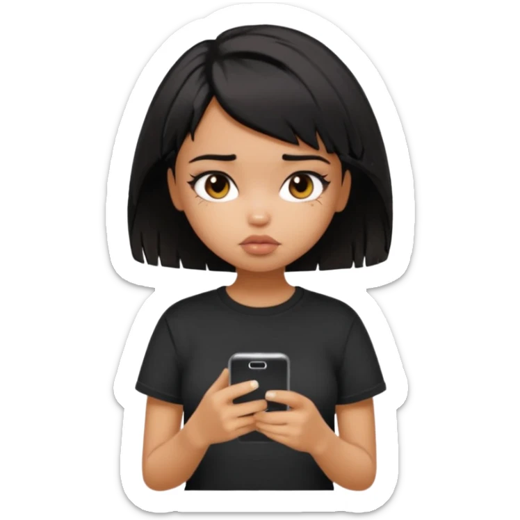 generate a pretty bratz girl with short black very messy hair, looking tired and using her phone, wearing an oversized black tshirt sticker