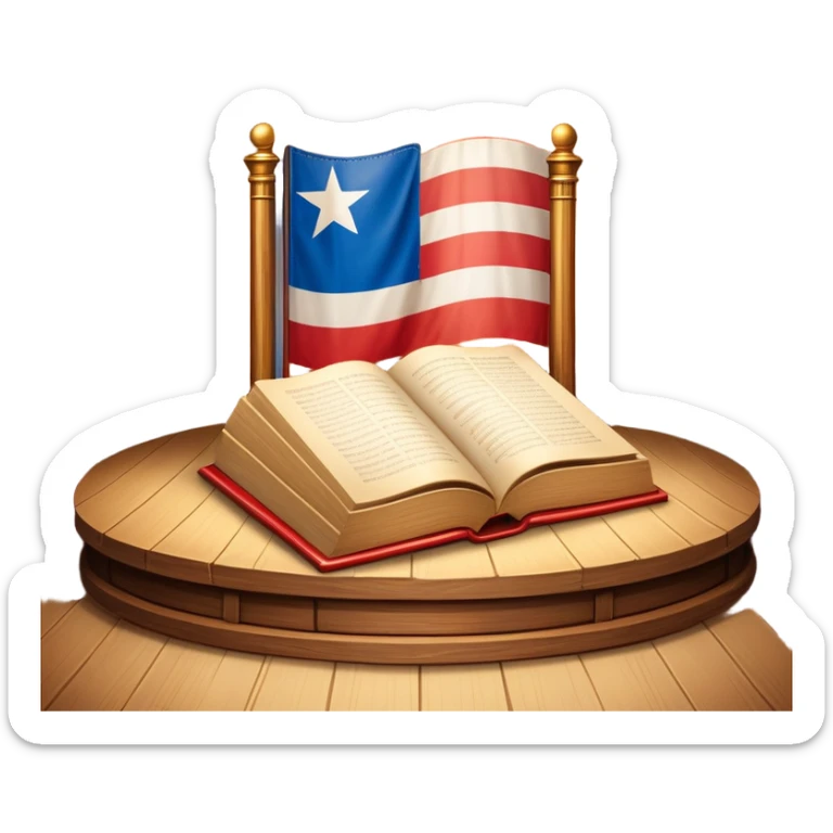 Timeless book with Puerto Rican flag colors flowing across cover like theater curtains, wooden stage elements carved into leather, golden light emerging from within, representing eternal theatrical legacy sticker