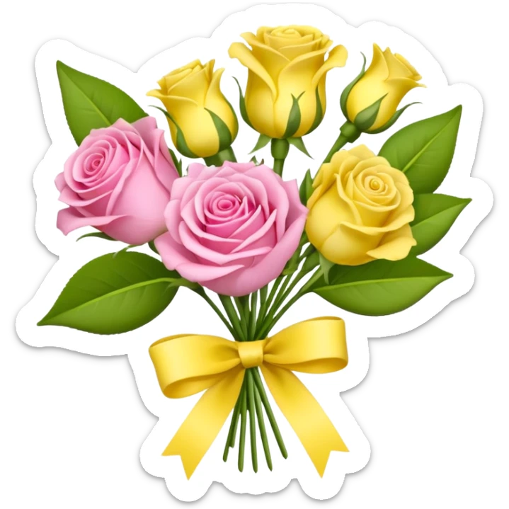 A mixed bouquet of four flowers, including pink roses and yellow lisianthus. sticker