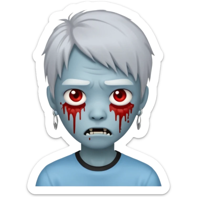 emoji-style avatar with very pale blue-grey zombie skin like , a young Asian face, and large eyes with blood tears. Give it white mullet-style hair, silver hoop earrings, and a simple black T-shirt. The expression should be neutral or slightly angry sticker