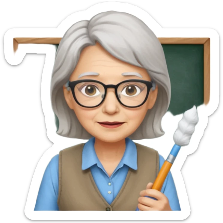 Female Teacher – older woman, similar vest attire, glasses, holding chalk sticker