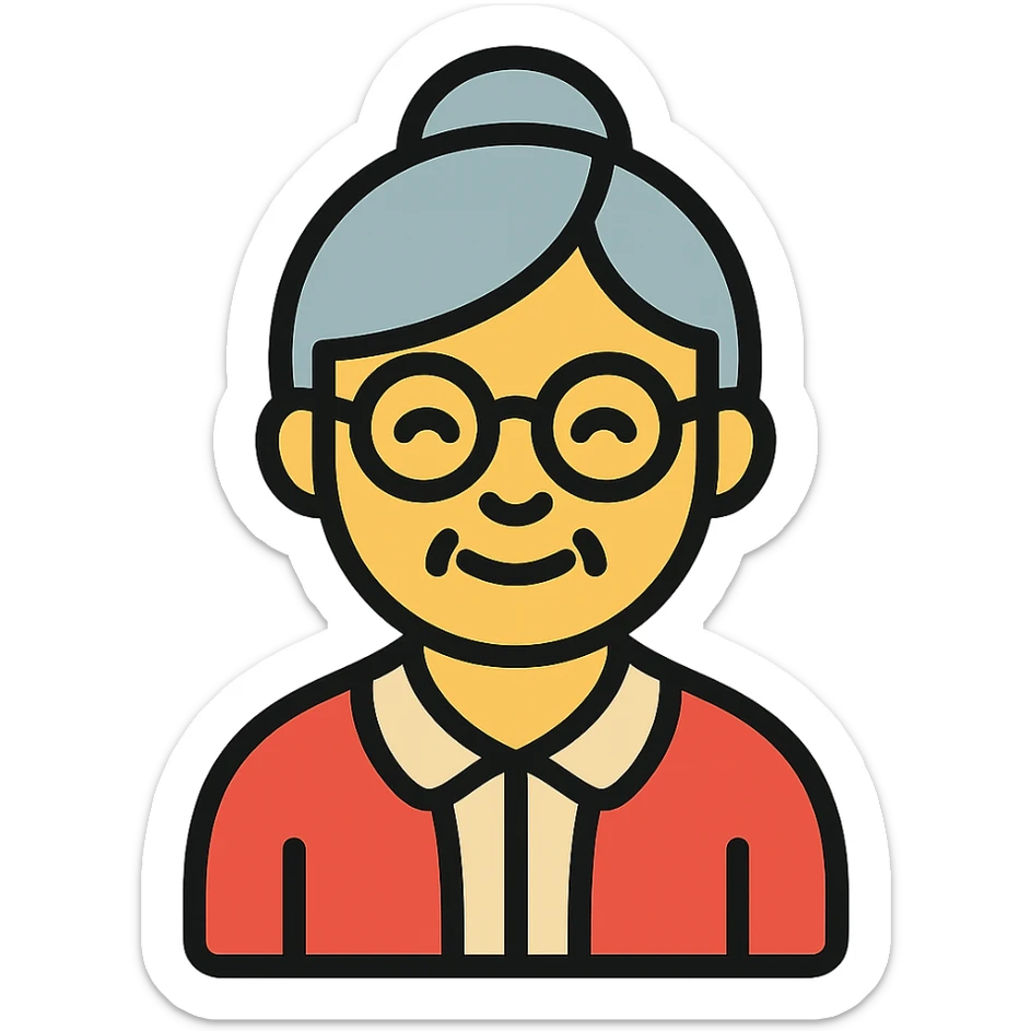 elderly smiling granny who looks like a librarian, glasses, neat hair bun, cardigan sticker