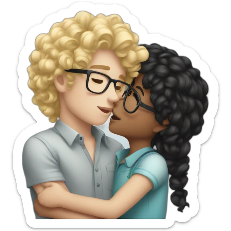 Boy curly blonde hair glasses kissing girl black hair sticker