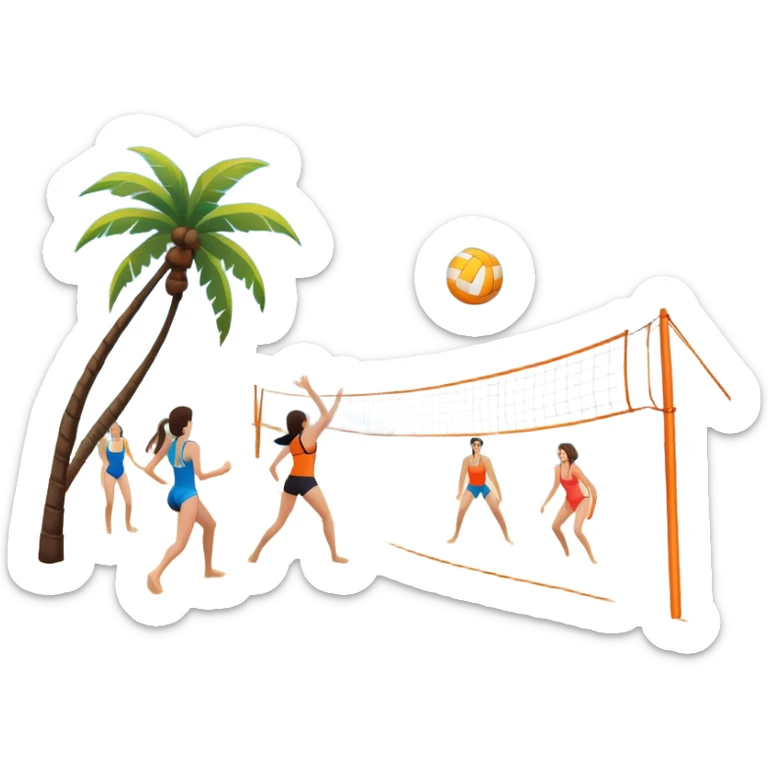 The scene captures a sunny sea beach atmosphere with clear blue sea and sky, palm trees swaying, and people in swimsuits enjoying the vibrant surroundings. A volleyball resting on the orange sand ground of a beach, with a volleyball net in the background.  sticker