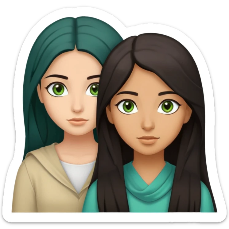 Two middle eastern girls one with greenish blue eyes and black layered hair, the other one with green eyes and long brown hair, make them both olive skin toned sticker