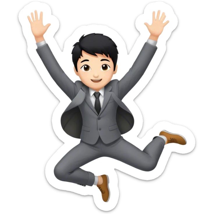 A business man boy who is happy and jumping high with hands up and hurray with black grey suit sticker