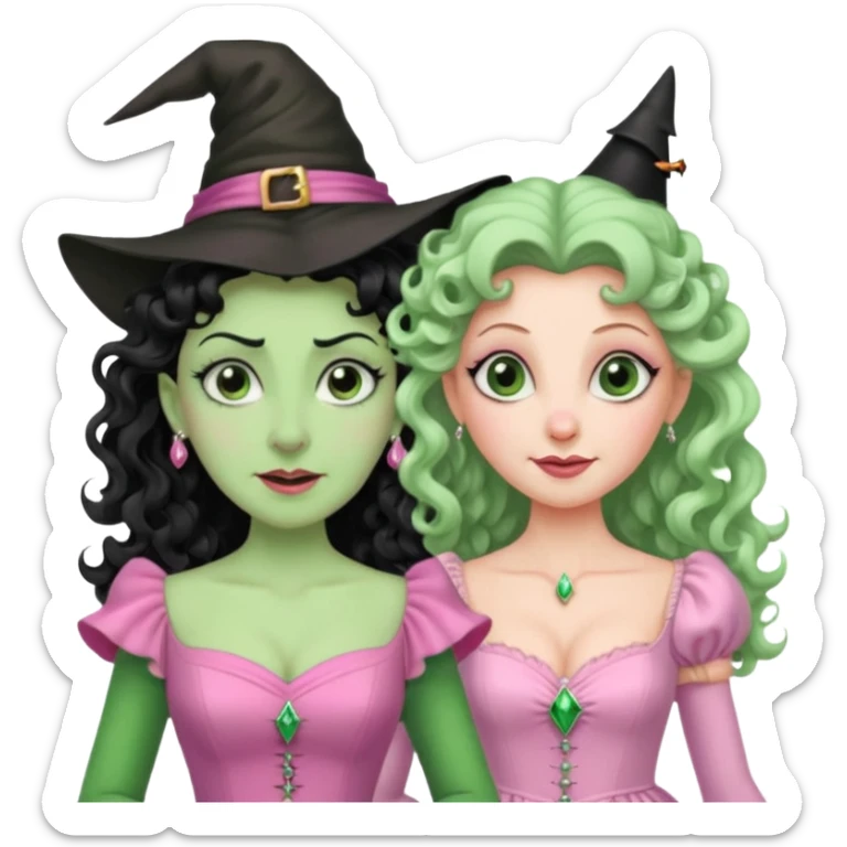 make an emoji of the green wicked witch standind behind the good witch Glinda and being overly protective looking angry and glinda looking happy sticker