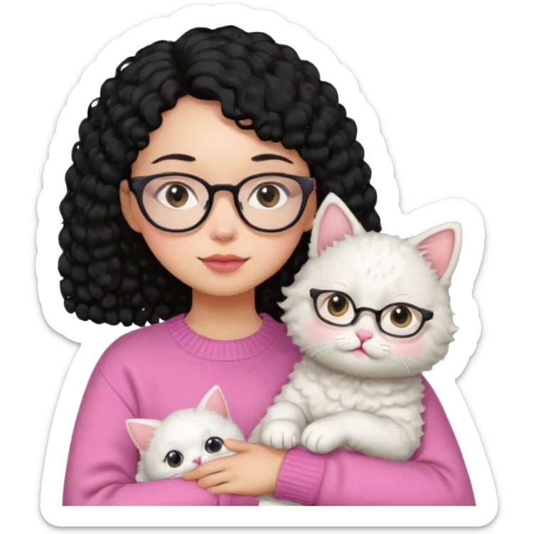 a girl with a black perm hair, wearing a pink sweater and glasses, holding a cute white cat, only upper body sticker
