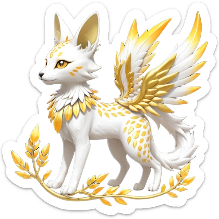 Epic complex fantasy glorious detailed futuristic divine godly angelic feathery sunny, white, albino, pastel, golden, orange glowing sparkly, realistic Fakémon-Sprigatito-Floragato-Meowscarada-Trico-Sergal-Serval-Solgaleo-Vernid-creature (full body) solarpunk, shiny sparkly with a gold laurel sticker