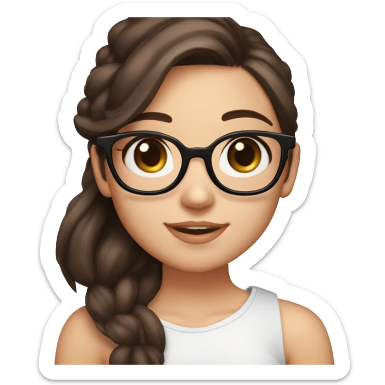 a beautiful girl, cute girl, pink cheeks, dark brown hair, cute face, pink cheeks, hazel eyes, long hair, smiling, hearts on side, emoji, glasses, white skin, black glasses, eyes half closed, sticker
