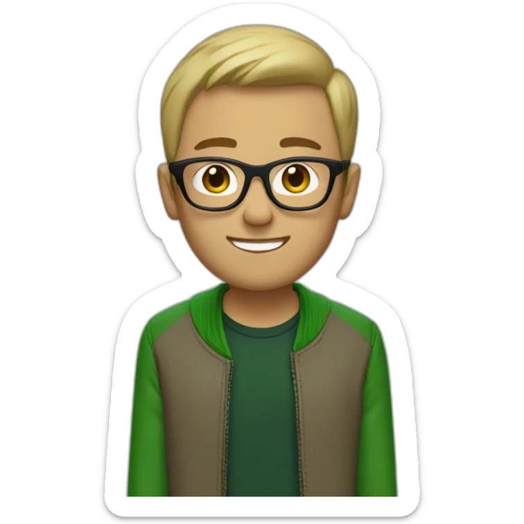 guy with black glasses dirtyblonde short hair with green letterman jacket and brown sleeves sticker