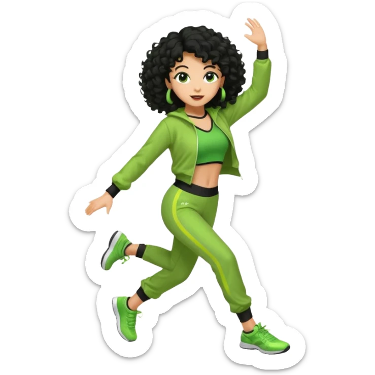 a woman with olive skin tone and curly black hair wearing green and dancing. full body, disco pose. running outfit sticker