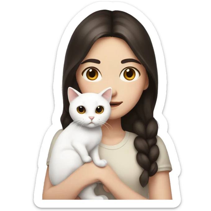 A pale girl with dark brown hair and dark brown eyes holds a white cat in her hands sticker