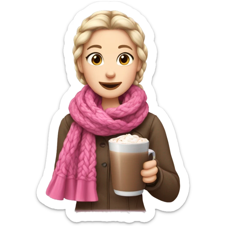 White Scandinavian girl with a French braid and a pink scarf holdin a hot chocolate  sticker