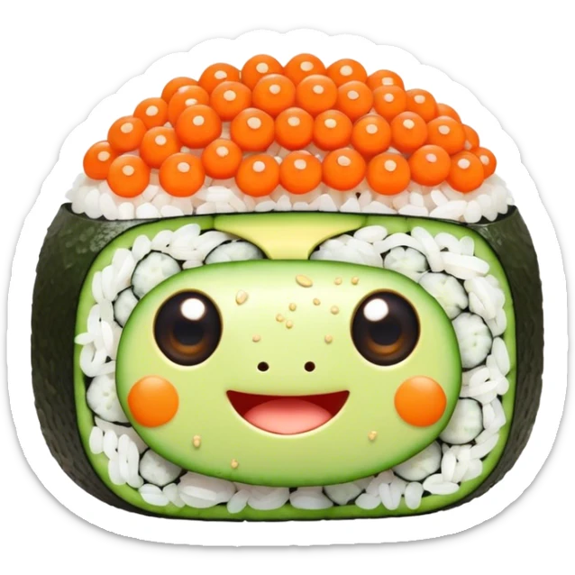 Cute Kawaii California Roll, tiny and round, cute layers of avocado, crab, and cucumber, wrapped in bright orange fish roe, a joyful winking face, tiny sesame seed freckles! sticker