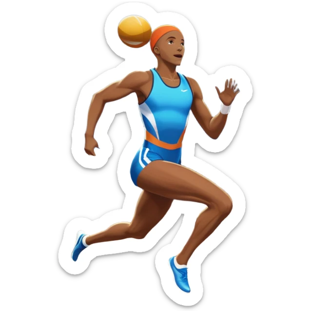 An icon showcasing various disciplines of track and field in one scene: a sprinter in full speed, a high jumper soaring over the bar, a long jumper taking off, and a discus thrower in motion. The background features a vibrant stadium with cheering crowds, bright lights, and a clear sky.  sticker