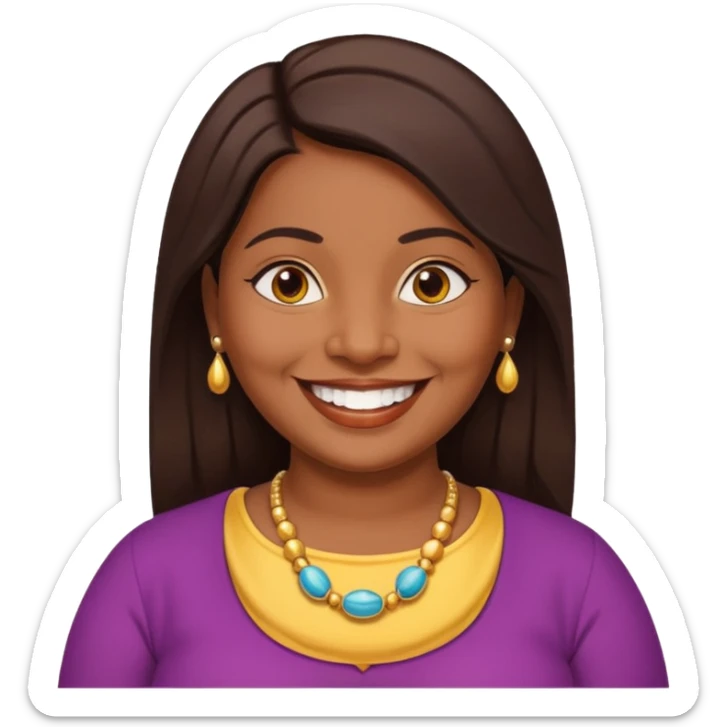40 yr old chubby sri lankan woman, dark skin, straight brown hair, big smile, white teeth sticker