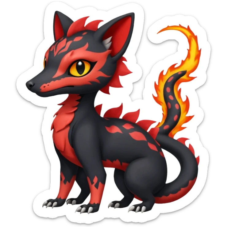 Rare realistic cute gothic Salandit-Litten-Quilava-Genet-species-Fakemon-hybrid-creature, with fiery markings, full body sticker